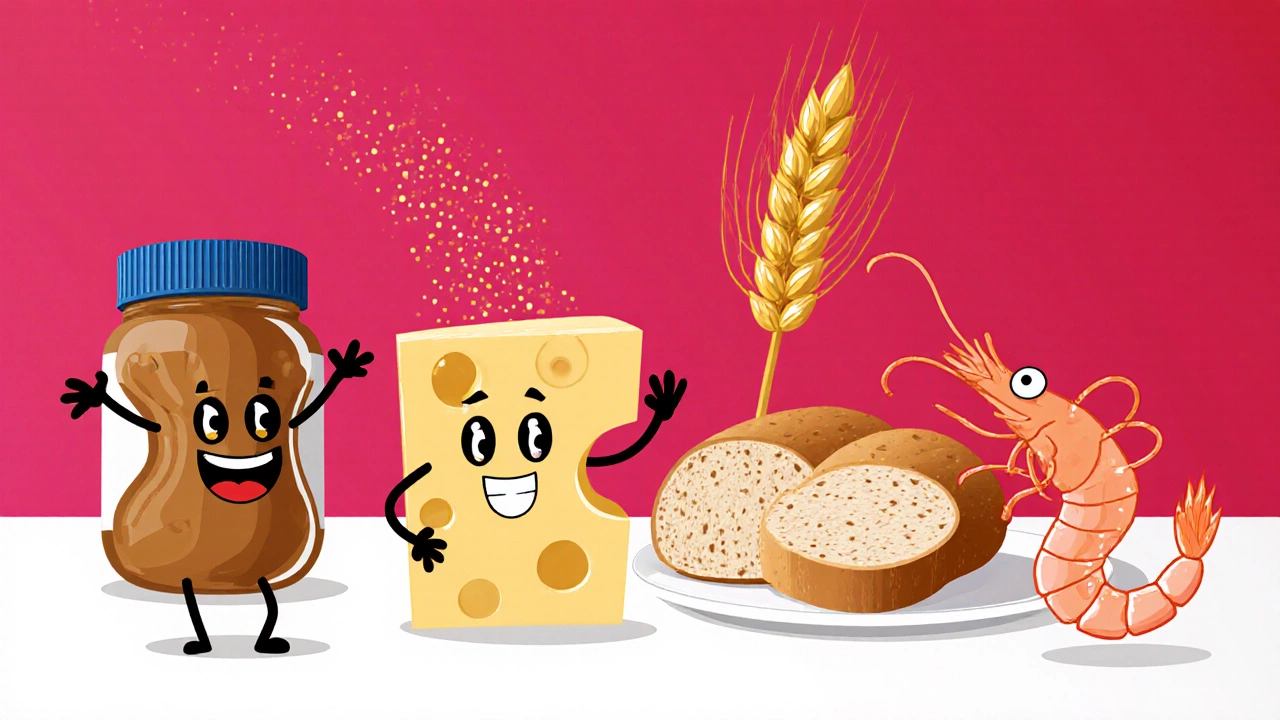 Яркая иллюстрация аллергенных продуктов: арахис, сыр, пшеница и креветка рядом с их пищей.