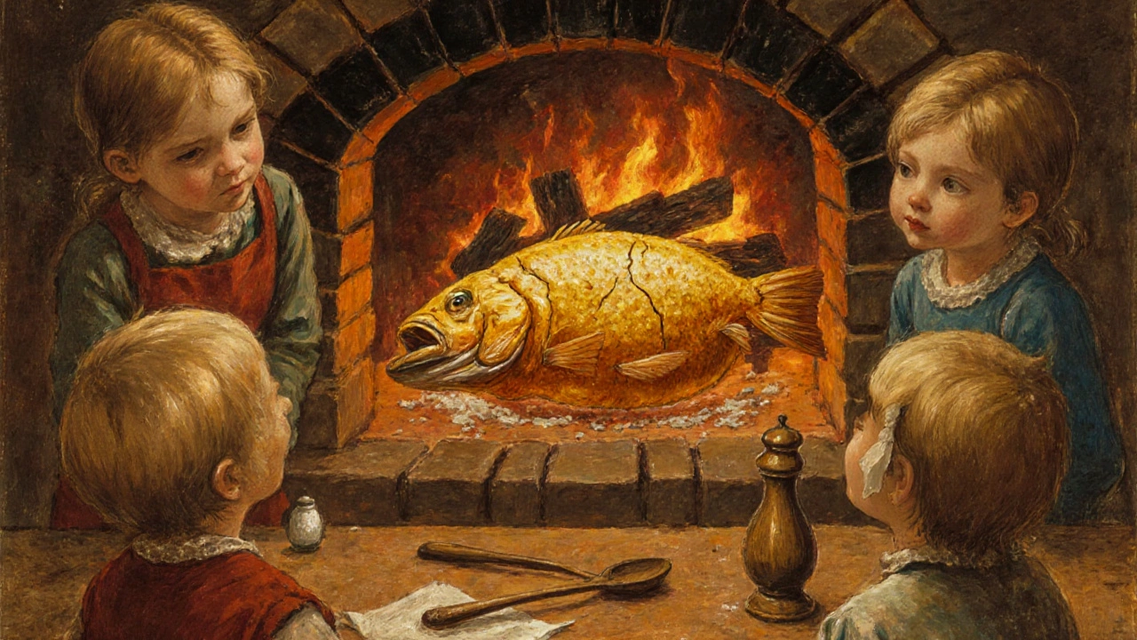 Целая рыба, запечённая в соли, с треснувшей коркой на русской печи