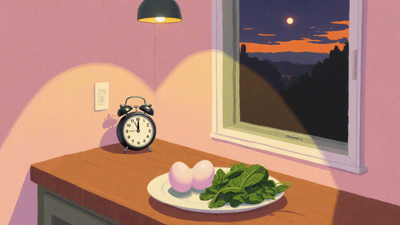 Человек готовит варёные яйца со шпинатом на кухне перед сном.