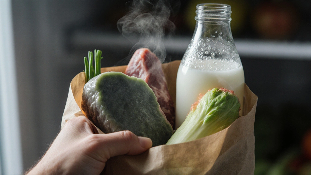 Рука проверяет испорченные продукты: мясо с серо‑зелёным налётом, молоко с пузырьками, овощ с слизью.