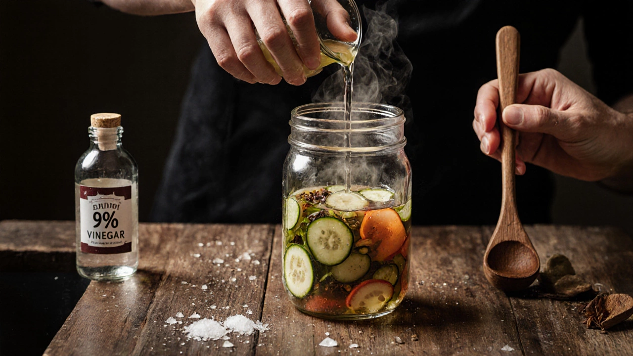 Рука заливает горячий рассол в стерилизованную банку с овощами и специями, пар поднимается вверх.