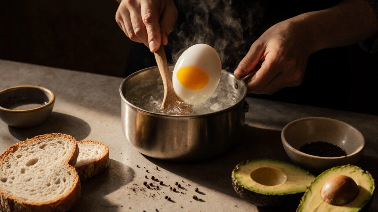 Руки готовят пашот в тихо кипящей воде с уксусом на кухонной стойке.
