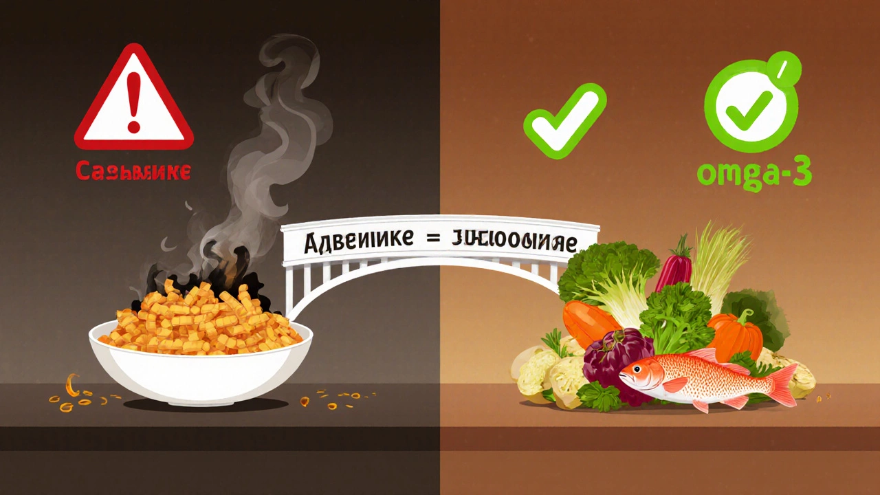 Сравнение вредной жарки и полезного запекания в виде двух сторон.