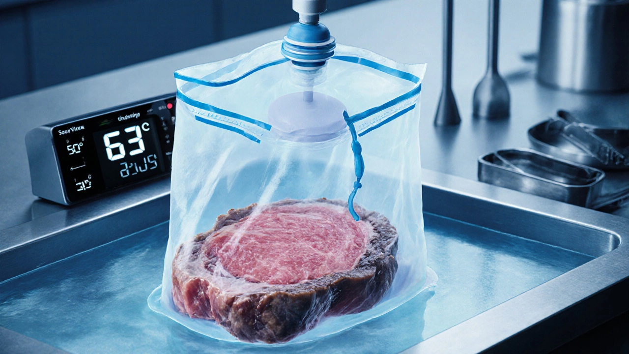 Стейк в вакуумном пакете в водяной бане с точной температурой