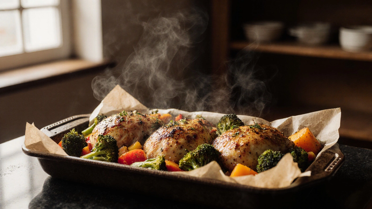 Запеченные овощи и курица на противне в духовке с ароматными травами.