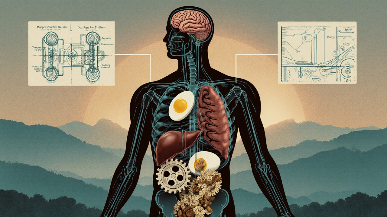 Артистичное изображение тела как механизма, запускаемого завтраком с овсом, яйцами и орехами.