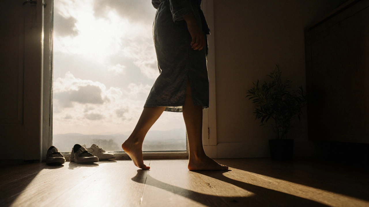 Человек идет босиком по полу, солнечный луч падает через окно, символ утреннего движения и обновления.