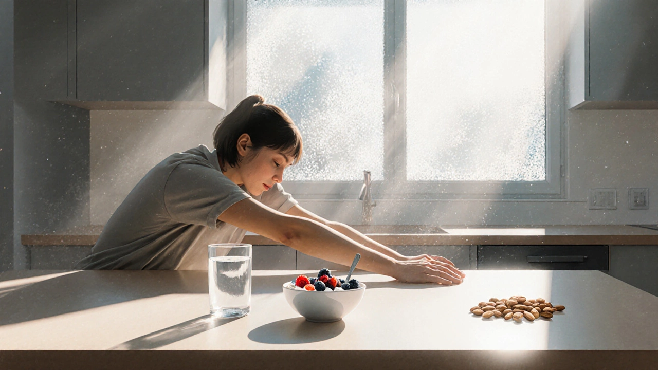 Человек растягивается на кухне, на столе — йогурт с ягодами и орехами, солнечный свет за окном.