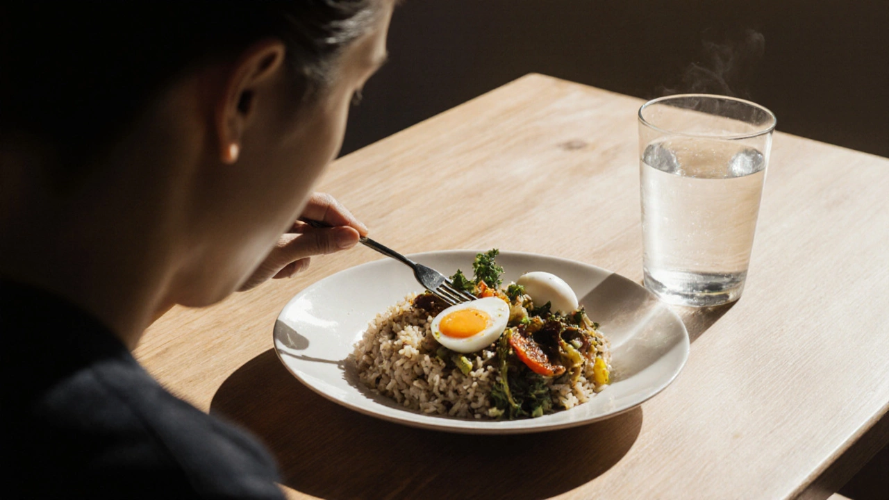 Человек спокойно ест рис с овощами и яйцом, не используя телефон