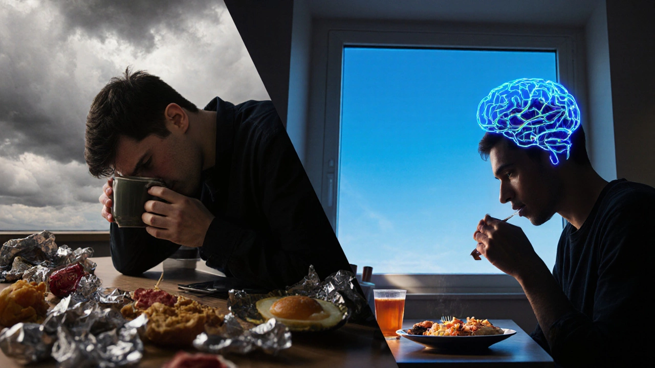 Два сценария: один с усталостью и кофе, другой — с ясностью и здоровым завтраком.