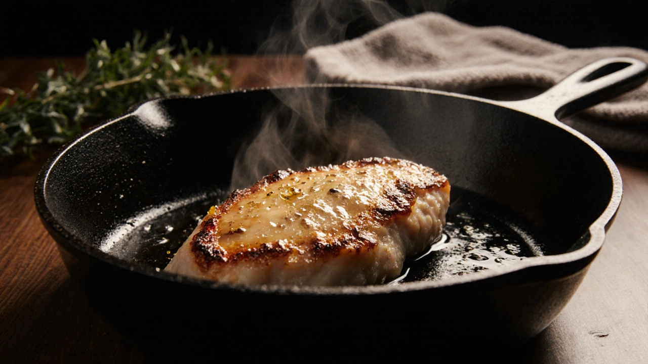 Куриная грудка жарится на сковороде с золотистой корочкой, масло потрескивает.