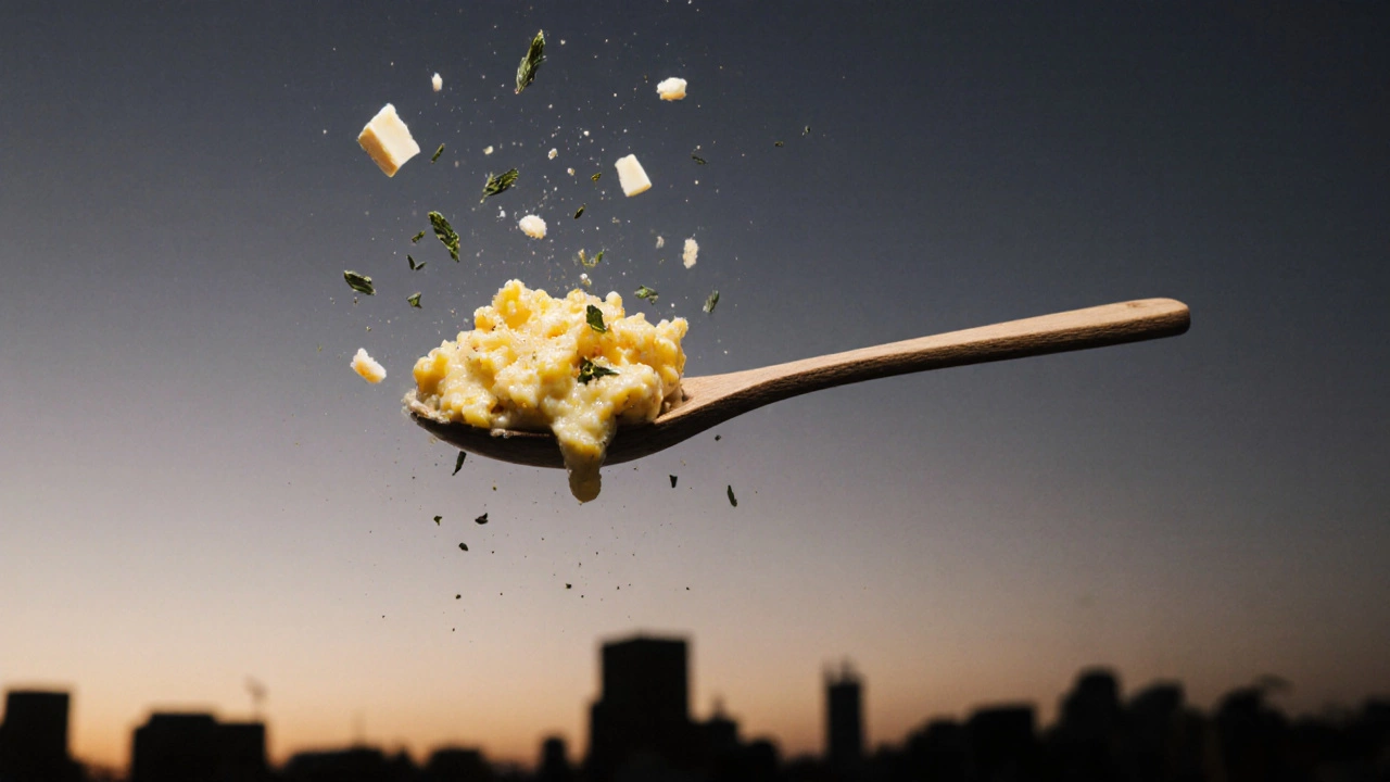 Ложка с влажным скрэмблом парит в воздухе, вокруг — частицы масла и зелени.