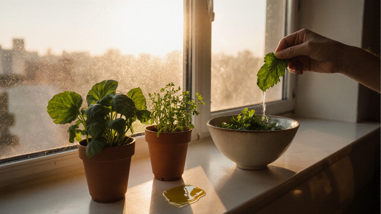 На подоконнике растут три горшка с зеленью, рядом — моющиеся листья и капля оливкового масла.