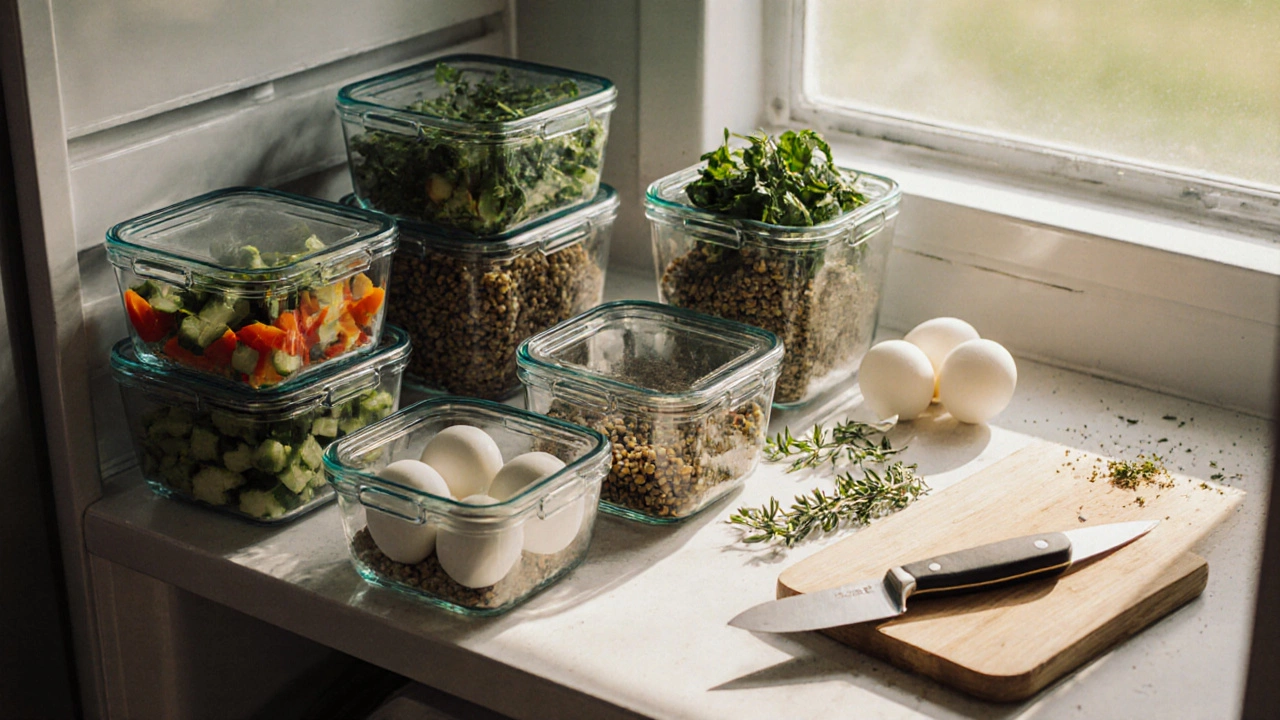 Подготовка еды на неделю: нарезанные овощи, чечевица и вареные яйца в контейнерах