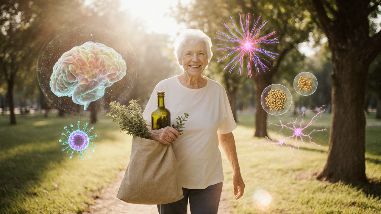 Пожилой человек гуляет в парке с сумкой, в которой видны оливковое масло и бобовые.