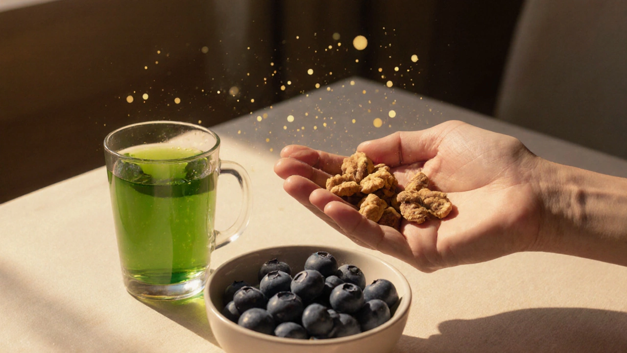Рука держит орехи и голубику рядом с чашкой зелёного чая, вокруг — свечение антиоксидантов.