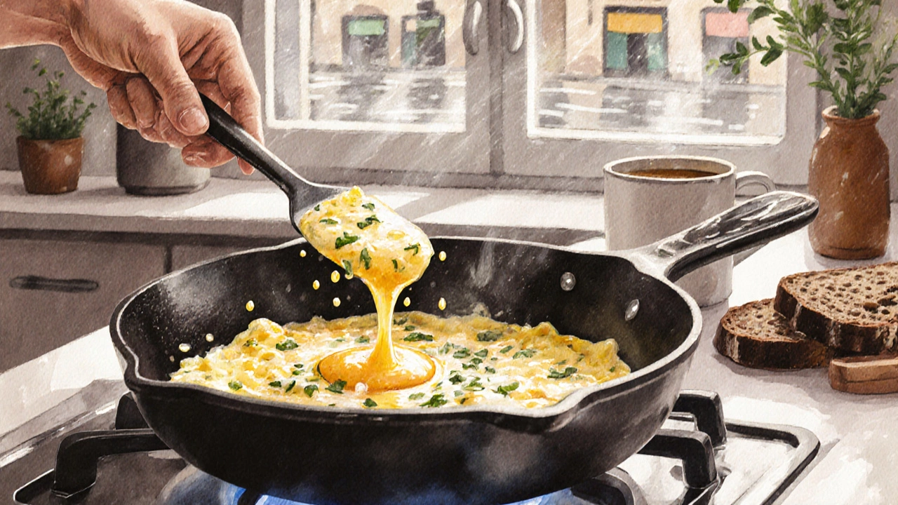 Рука медленно помешивает скрэмбл на сковороде, за окном — ноябрьский дождь.