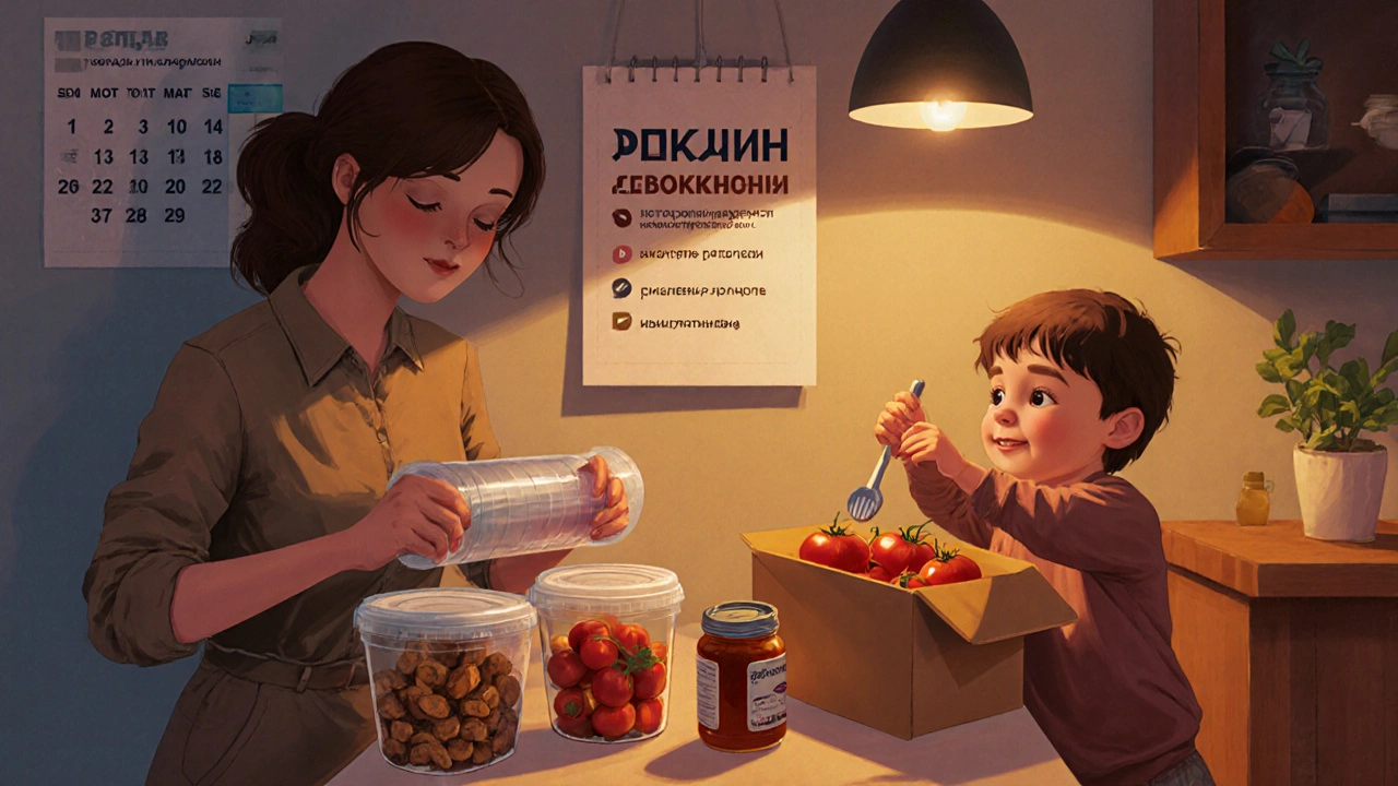 Семья упаковывает сушеные фрукты и консервы для долгосрочного хранения в спокойной домашней обстановке.