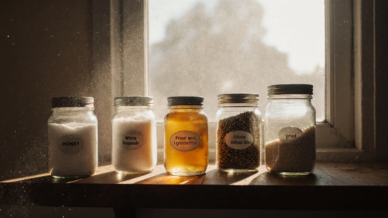 Шесть стеклянных банок с вечными продуктами: мёд, соль, сахар, рис, бобовые, уксус.