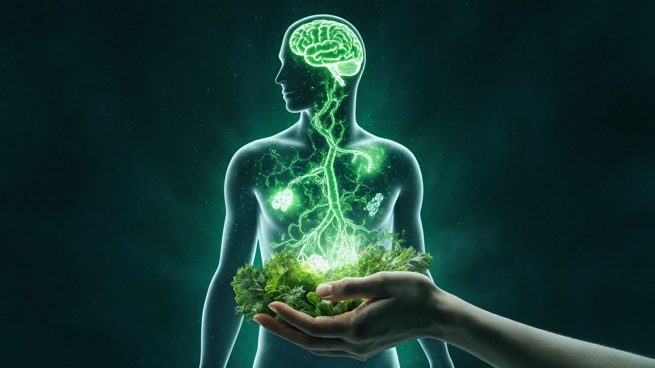 Силуэт человека, внутри которого светятся биохимические элементы зелени: хлорофилл, оксид азота, фолиевая кислота.