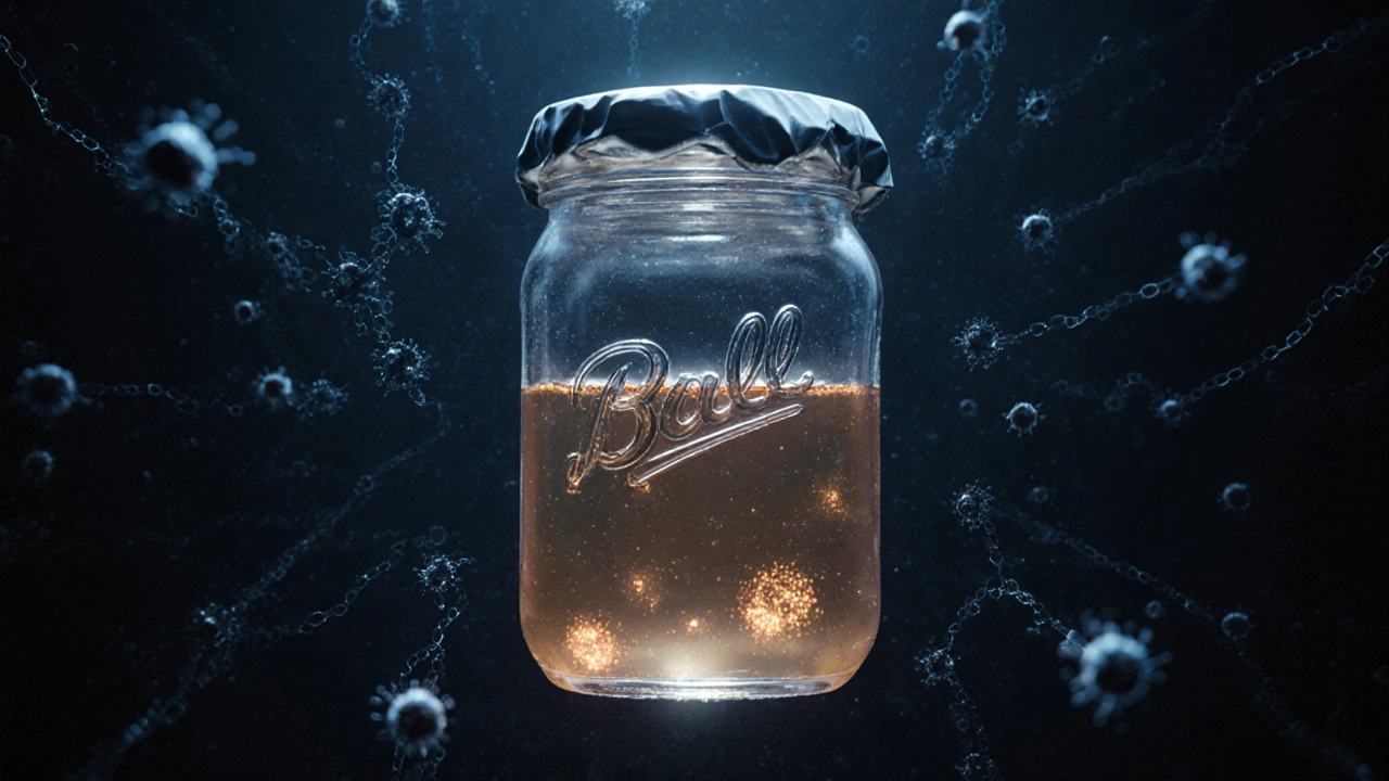 Стеклянная банка в темноте, с невидимыми бактериями и слегка вздутой крышкой.