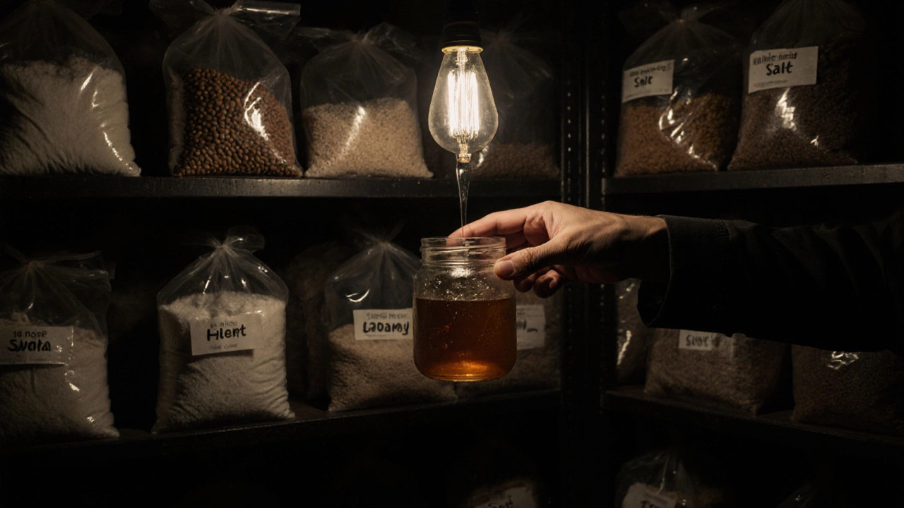 Убежище с полками из герметичных пакетов с продуктами на долгосрочное хранение.