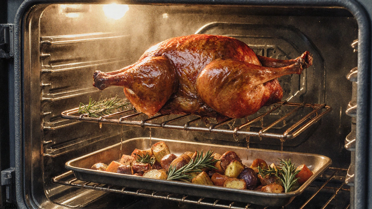 Запеченная утка на решетке с хрустящей кожей и овощами, теплое солнечное освещение.