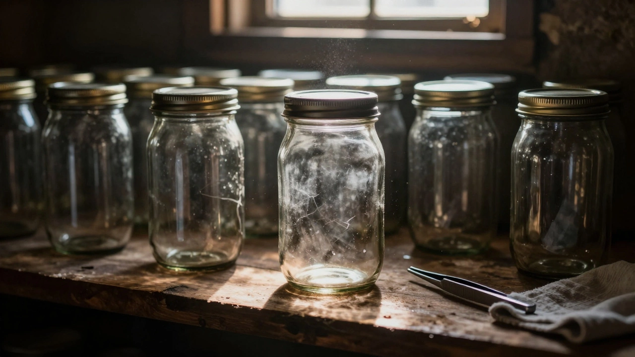 Банки с консервами в погребе, одна вздутая, луч света падает на полки.
