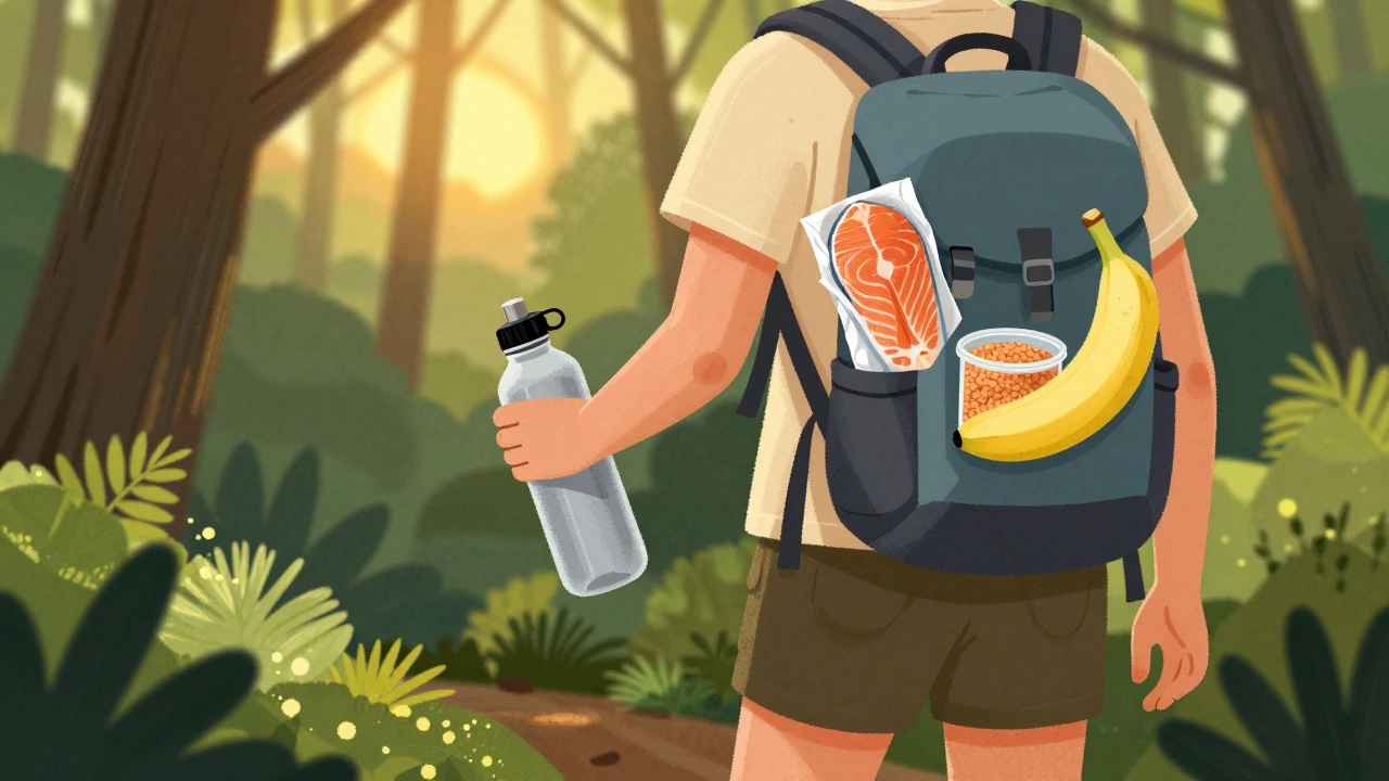 Человек на прогулке в лесу с водой, лососем и чечевицей в рюкзаке, закатный свет.