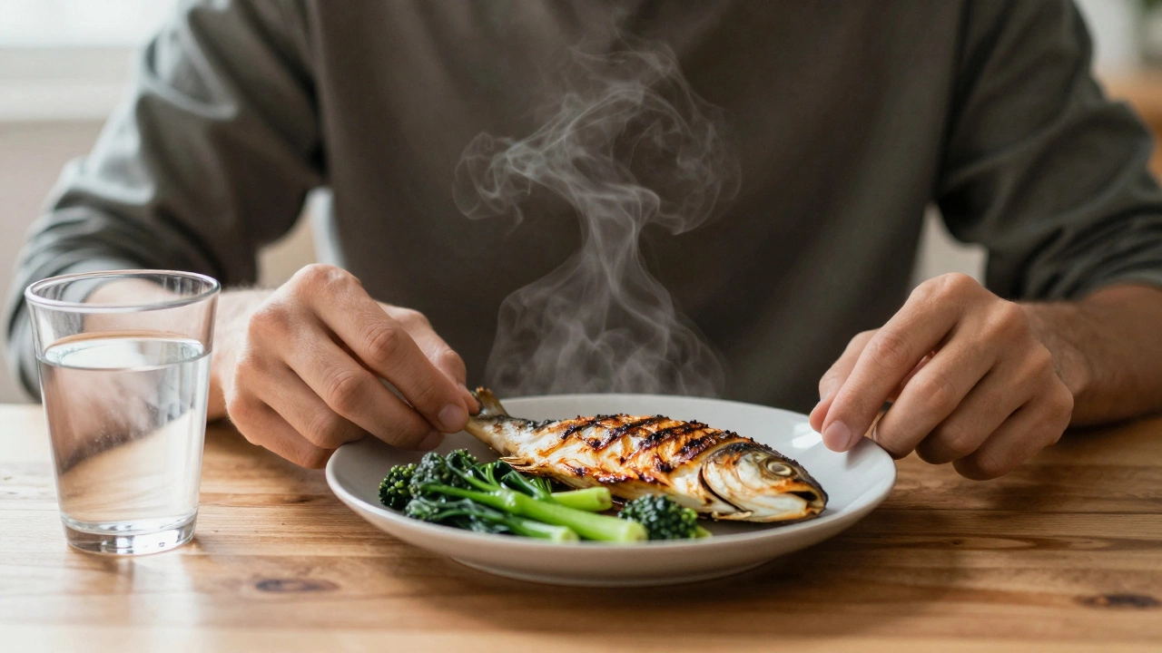 Человек спокойно ест рыбу с овощами, пьёт воду, без отвлечений