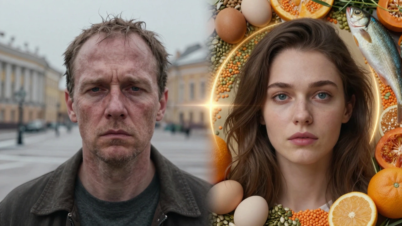 Два лица: одно тусклое под серым светом, другое сияющее — разделены потоком полезных продуктов, показывая преображение через еду.