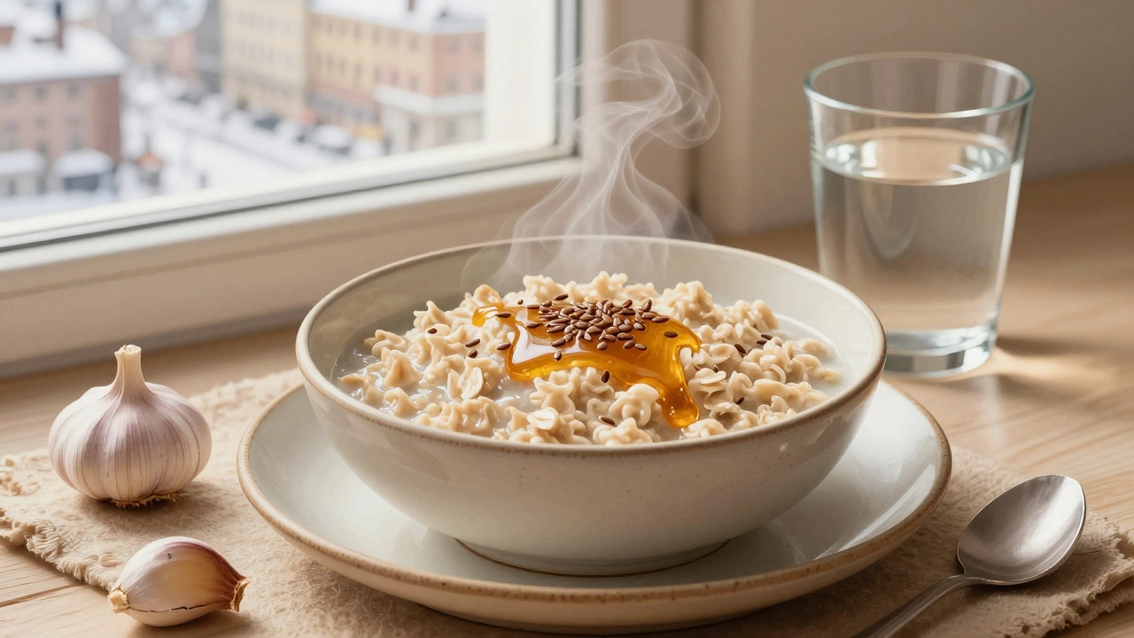 Миска овсянки с льняными семенами и чеснок рядом на деревянной тарелке.