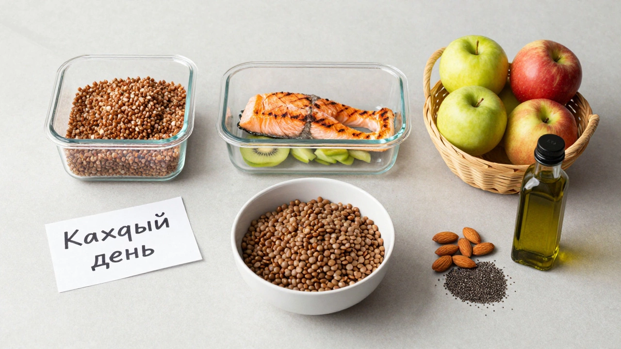 Недельная подготовка еды: гречка, лосось, чечевица, фрукты и орехи на счётке