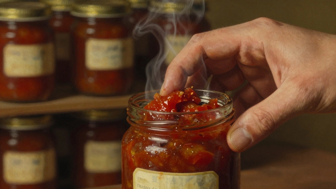 Рука открывает банку с тусклыми, развалившимися помидорами, жидкость мутная.