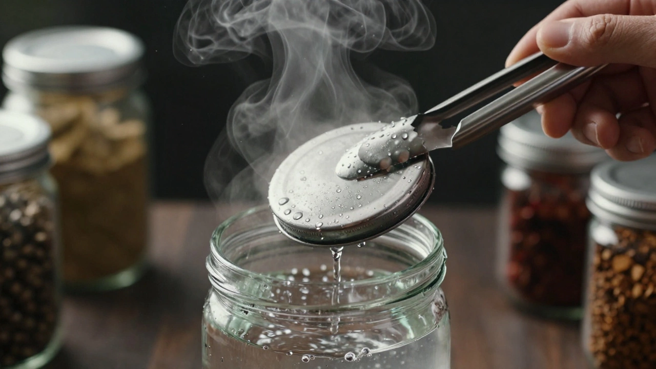 Рука щипцами поднимает стерилизованную крышку из кипятка.