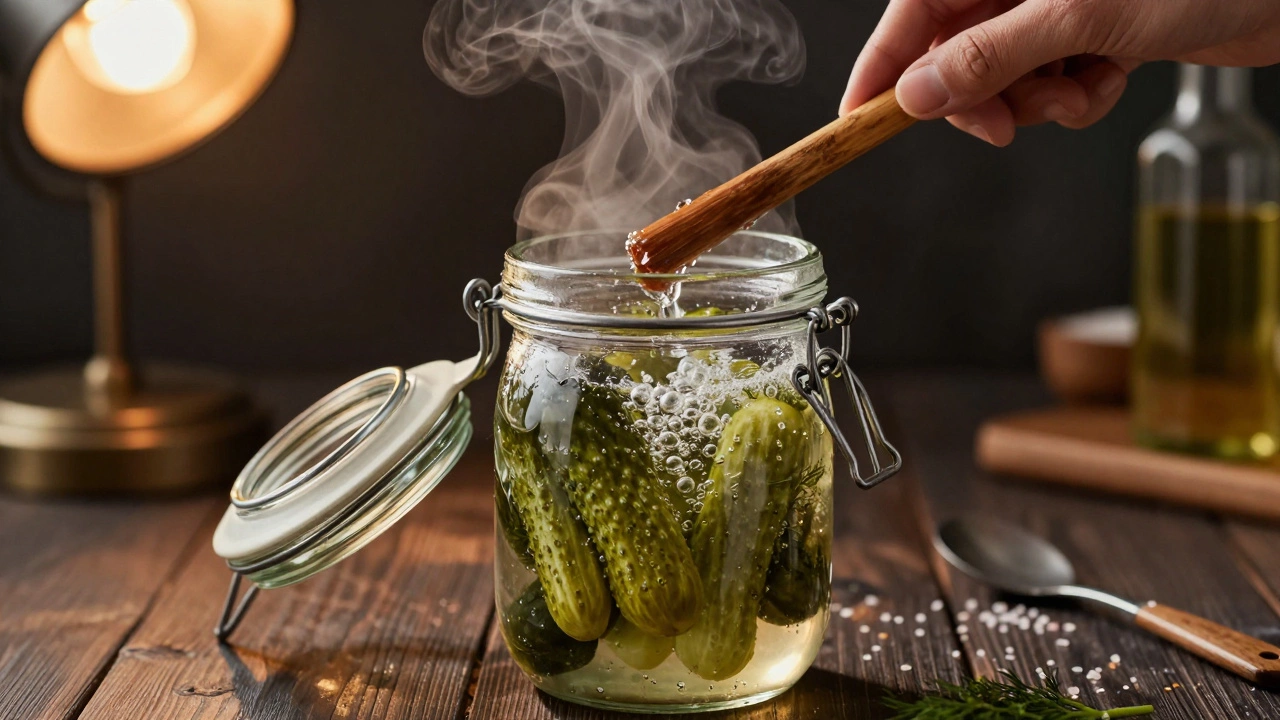 Руки вытесняют воздух из горячей банки с огурцами перед закаткой