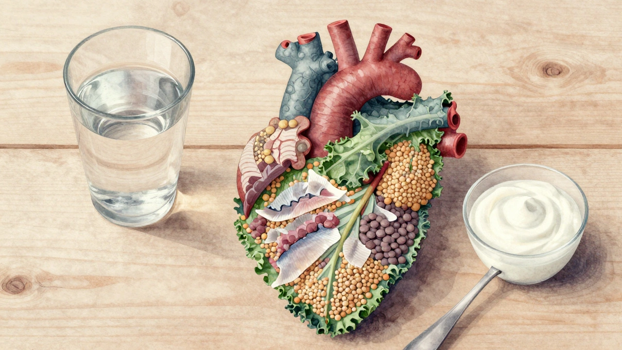 Сердце, составленное из капусты, чечевицы, зёрен и чешуи рыбы, лежащее на деревянном столе рядом с водой и йогуртом.