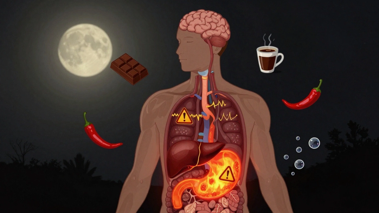 Схематичное изображение внутренних органов с символами вредных продуктов, нарушающих сон.