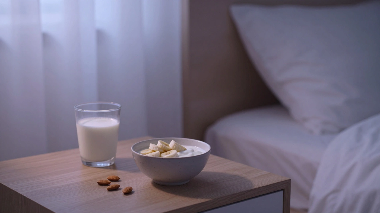 Спокойная ночная туманка с полезными продуктами для сна: йогурт, банан, орехи и молоко.
