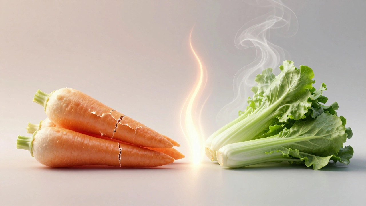 Сравнение сырых и приготовленных на пару овощей, визуализация термообработки