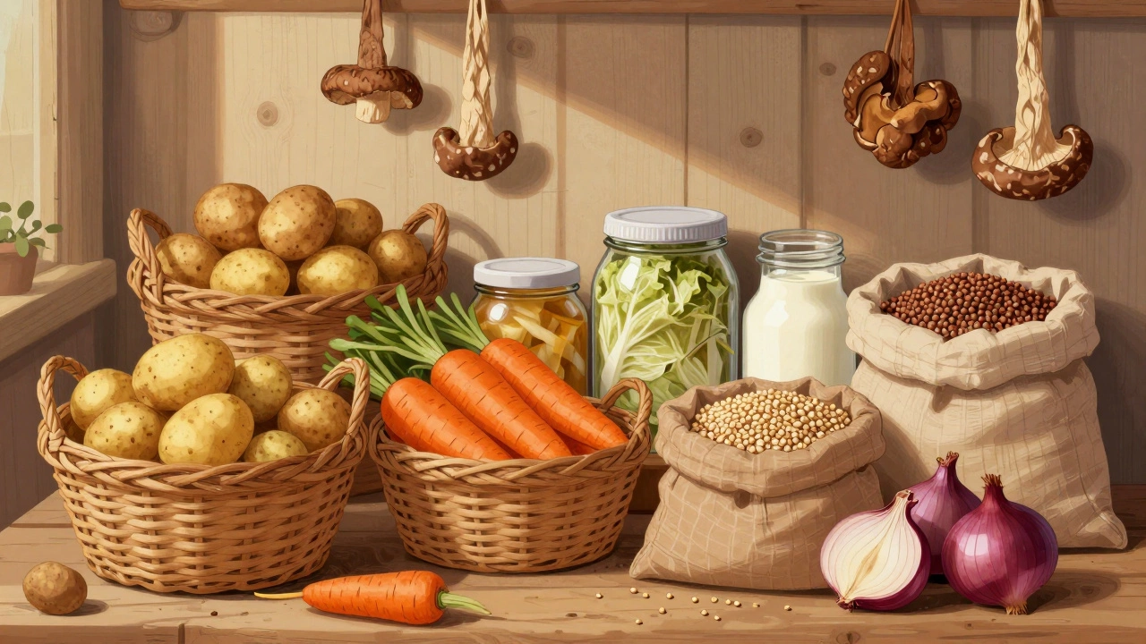 Традиционная русская кладовая с овощами, крупами и заквасками в корзинах и банках, освещённая тёплым солнечным лучом.