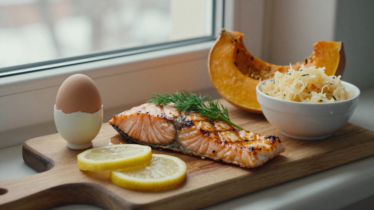 Запеченный лосось, яйцо и тыква на подоконнике с зимним светом.