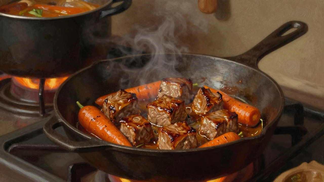 Жареное мясо с морковью на сковороде, тёплый свет, кулинарная сцена