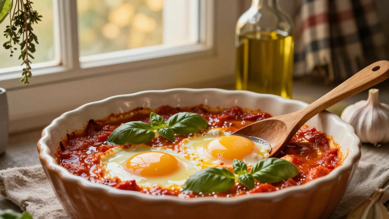 Яйца, запеченные в томатном соусе с базиликом и чесноком в керамической посуде