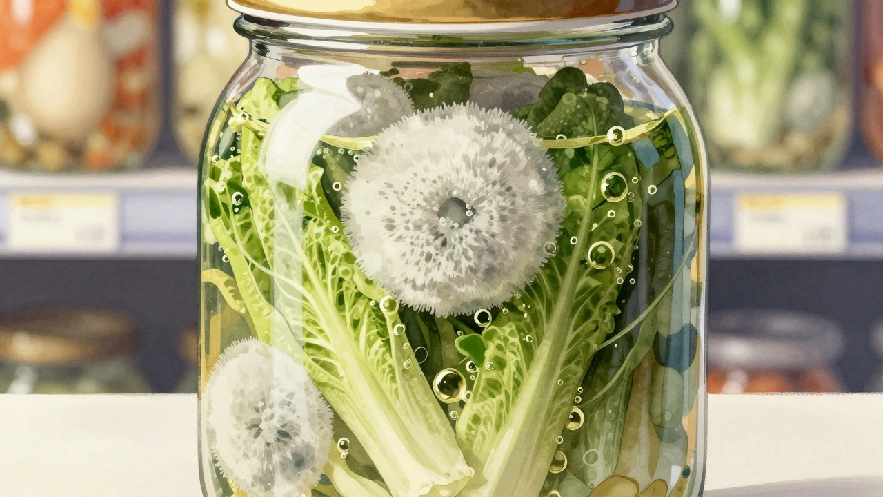 Банка с маринованными овощами и белой плесенью на поверхности, остальное содержимое сохранено.