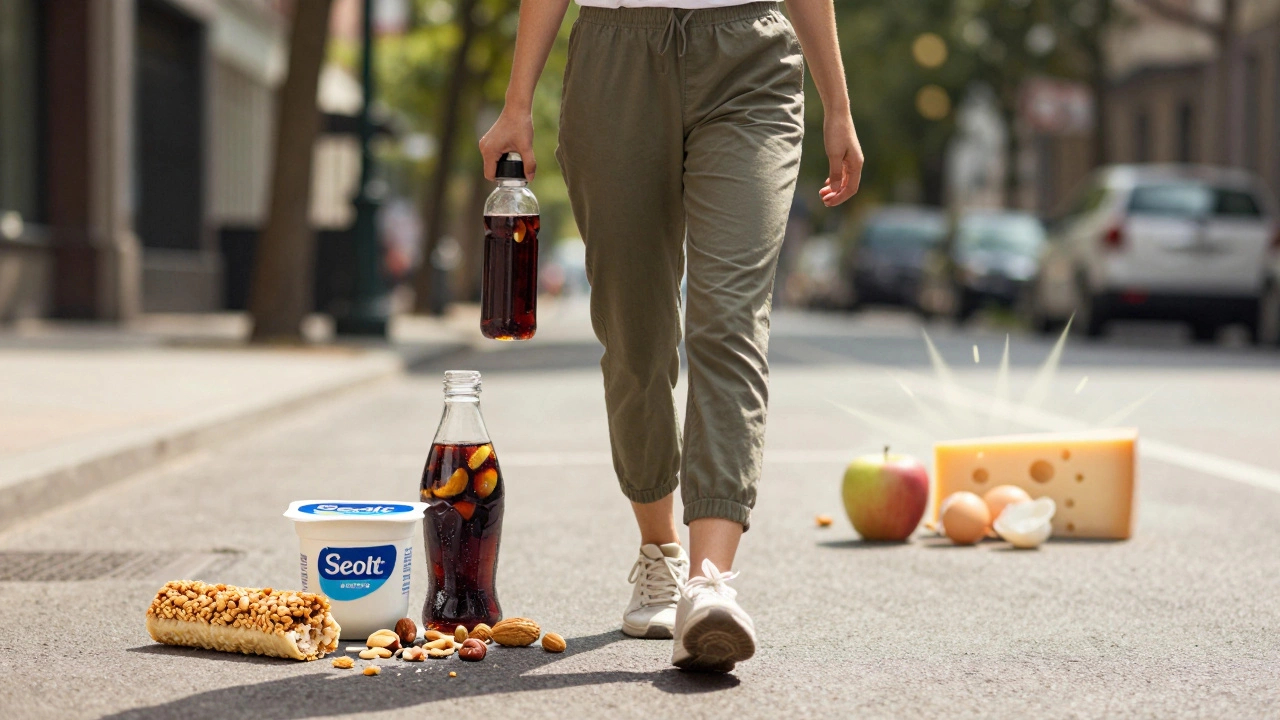 Человек идет по улице с бутылкой воды, а за ним исчезают сладкие закуски, оставляя после себя светящиеся полезные продукты.