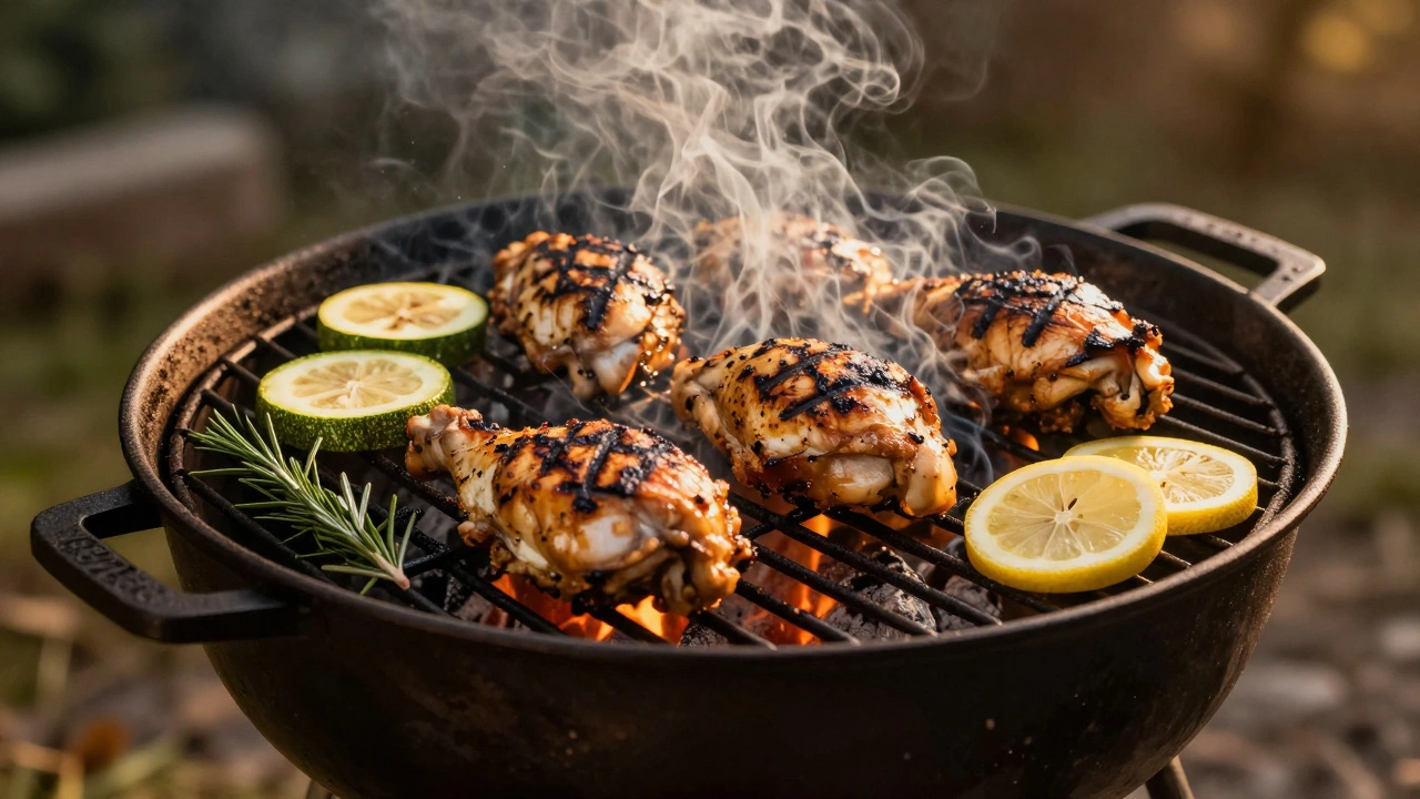 Курица и кабачки жарятся на гриле с видимыми следами огня и дымом.