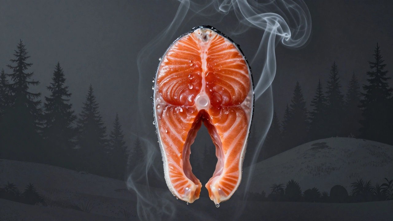 Лосось до и после холодного копчения, с дымом и культурными фонами