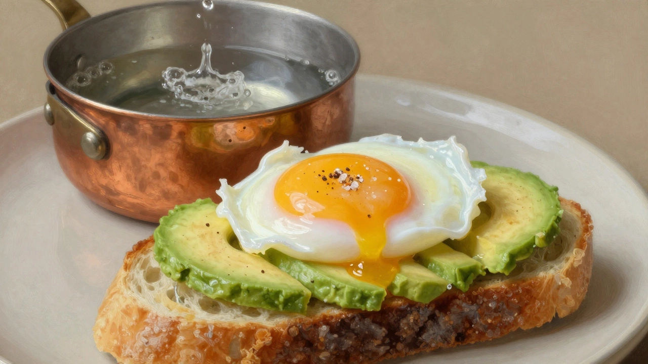 Пашот на авокадо с копченой солью, на фоне слабо кипящей воды
