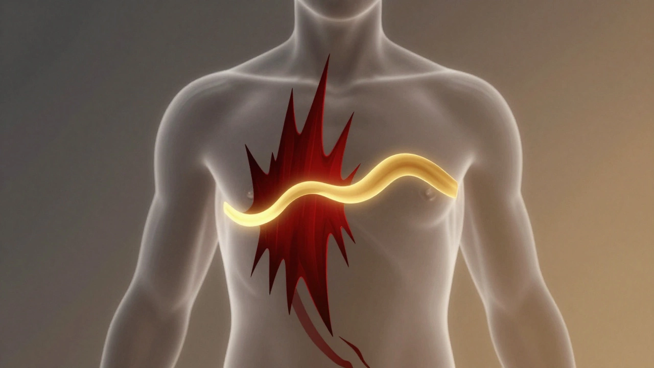 Прозрачное изображение тела с потоками энергии: нестабильные красные линии против стабильных золотых волн.